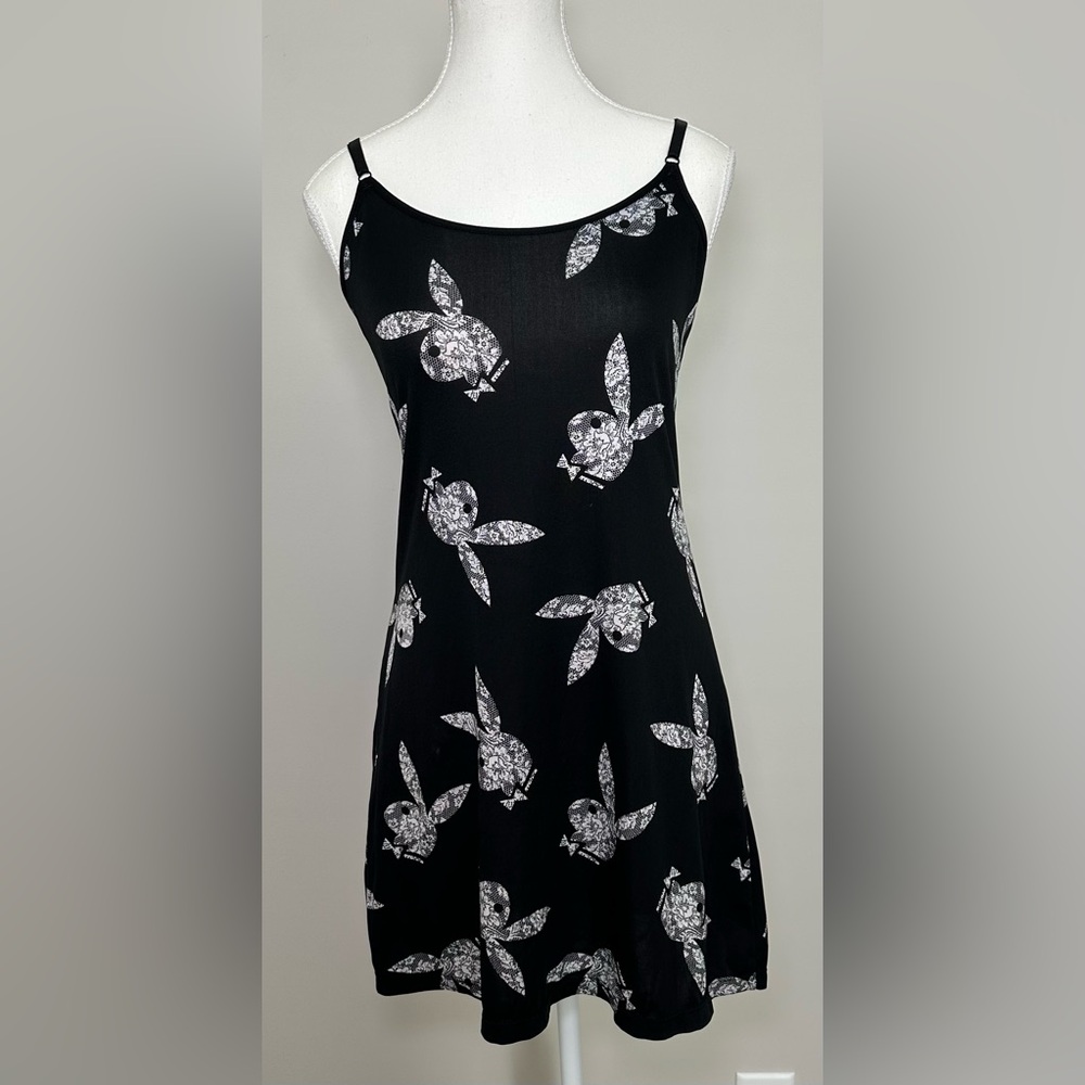 Playboy Intimates Black white Bunny Print Slip Dress Adjustable Straps Y2K 90s M - Picture 2 of 9